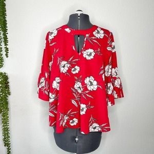 Urban Romantics Red Floral Print Keyhole Bell Sleeve Blouse Womens Size Medium M